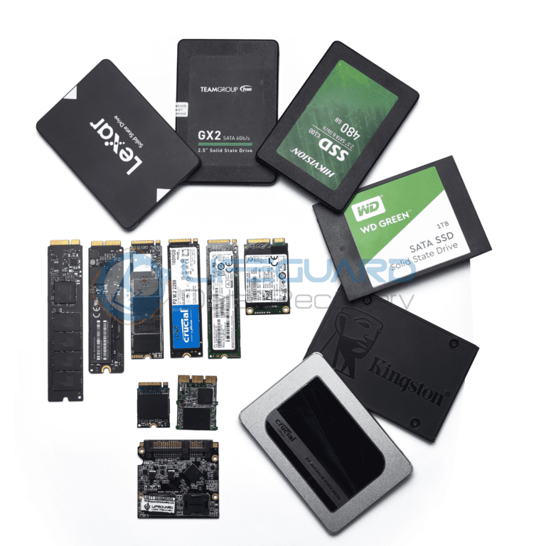 Assorted SSD models from brands like Kingston, WD, and Crucial arranged for data recovery, displaying Life Guard Data Recovery watermark