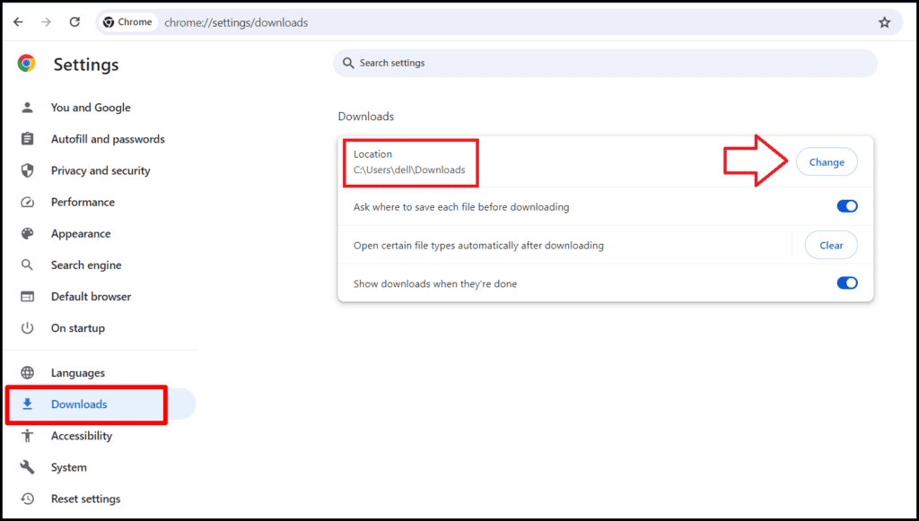 how to change download location in google chrome
