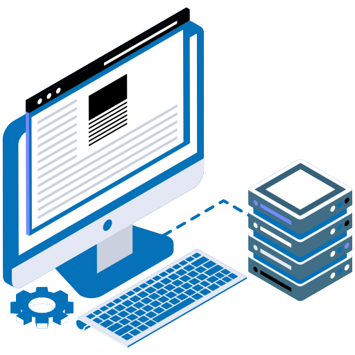 Illustration of a computer connected to a server stack.